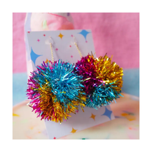  Blue, Gold & Pink Tinsel Pom Pom Earrings