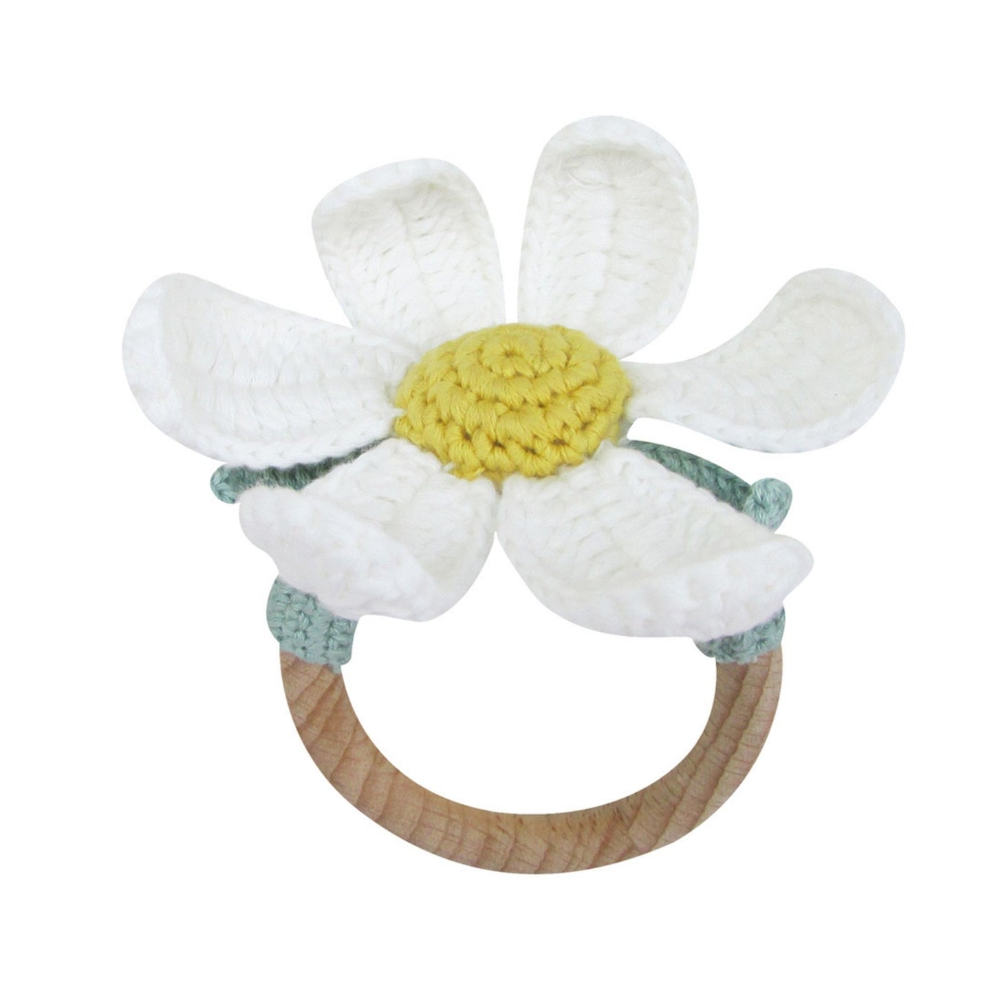 A crocheted daisy on a wooden ring with rattle feature. Perfect for baby.