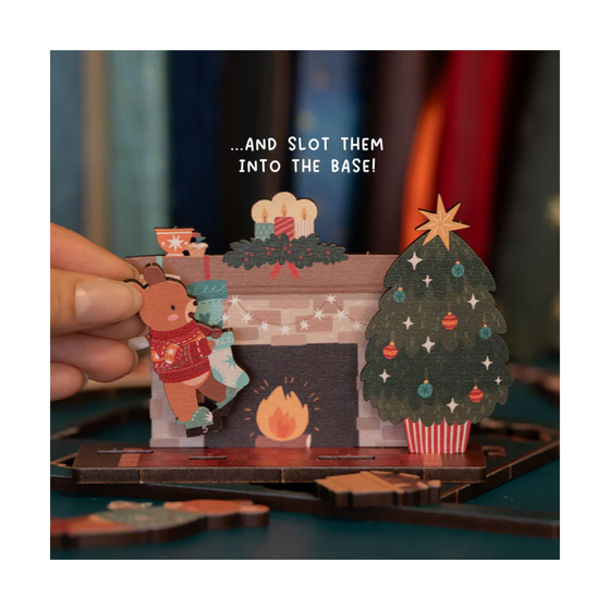 Fireplace Bears Christmas Wooden Pop Out Card