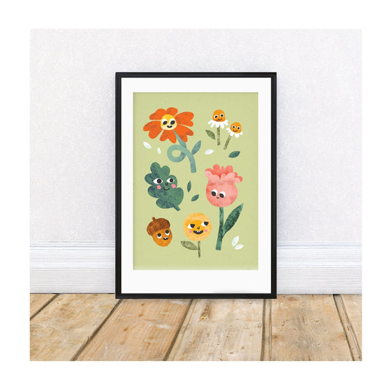 A fun and colourful A4 heavyweight print from Emily Nash featuring a garden of flower characters