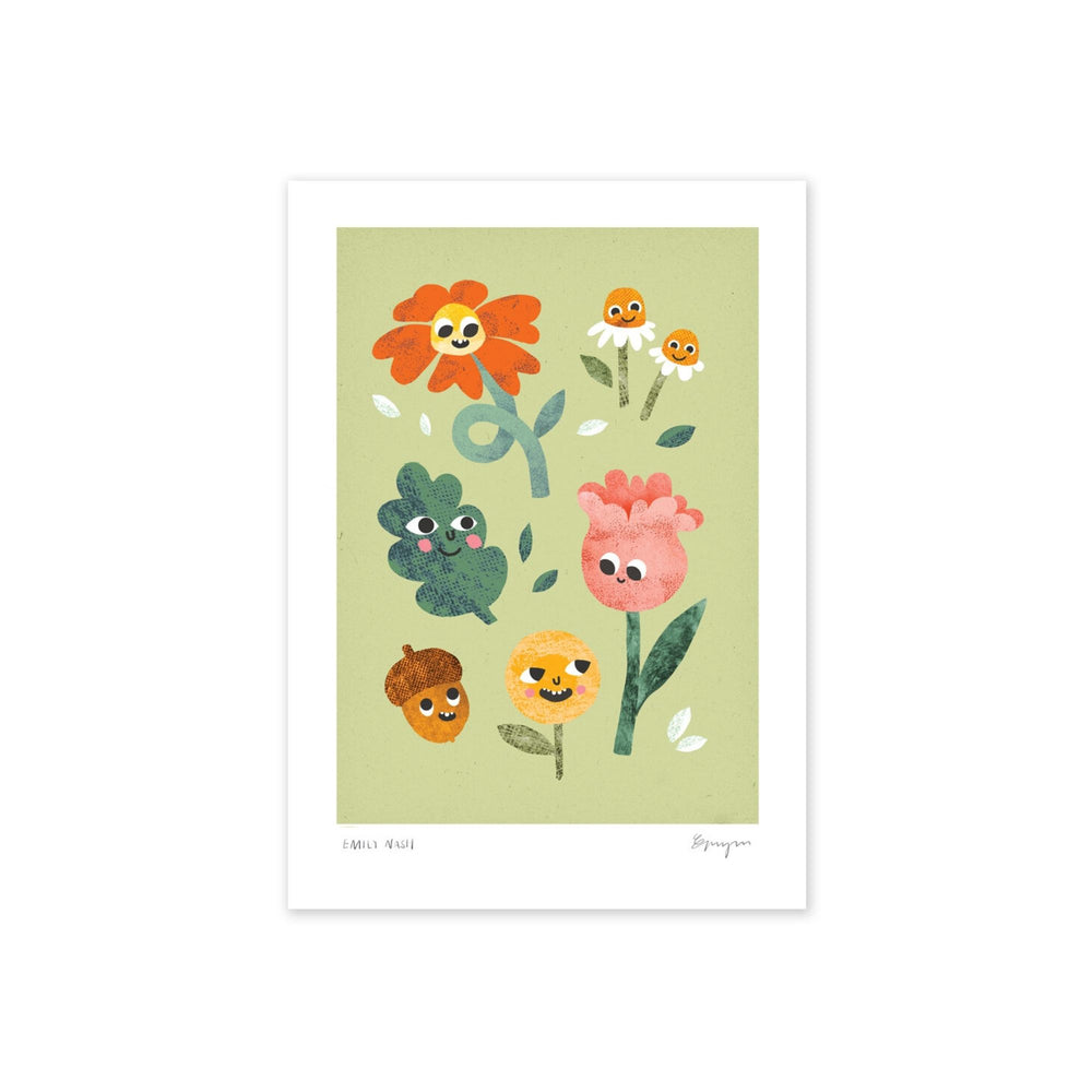 A fun and colourful A4 heavyweight print from Emily Nash featuring a garden of flower characters