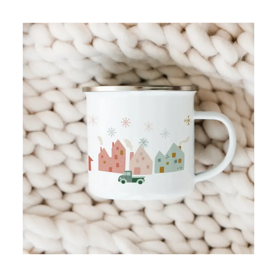 Folky Wintertime Street Christmas Enamel Mug