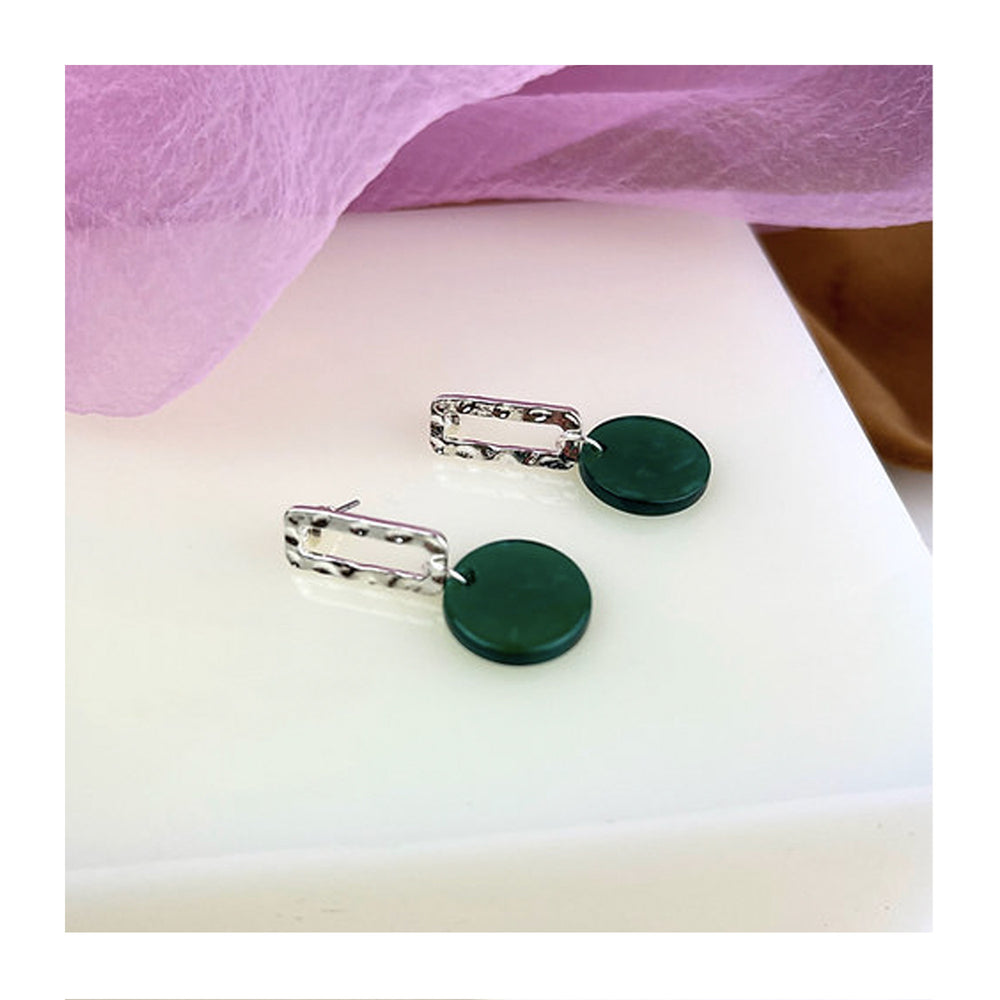 Hammered Silver Green Disc Stud Earrings