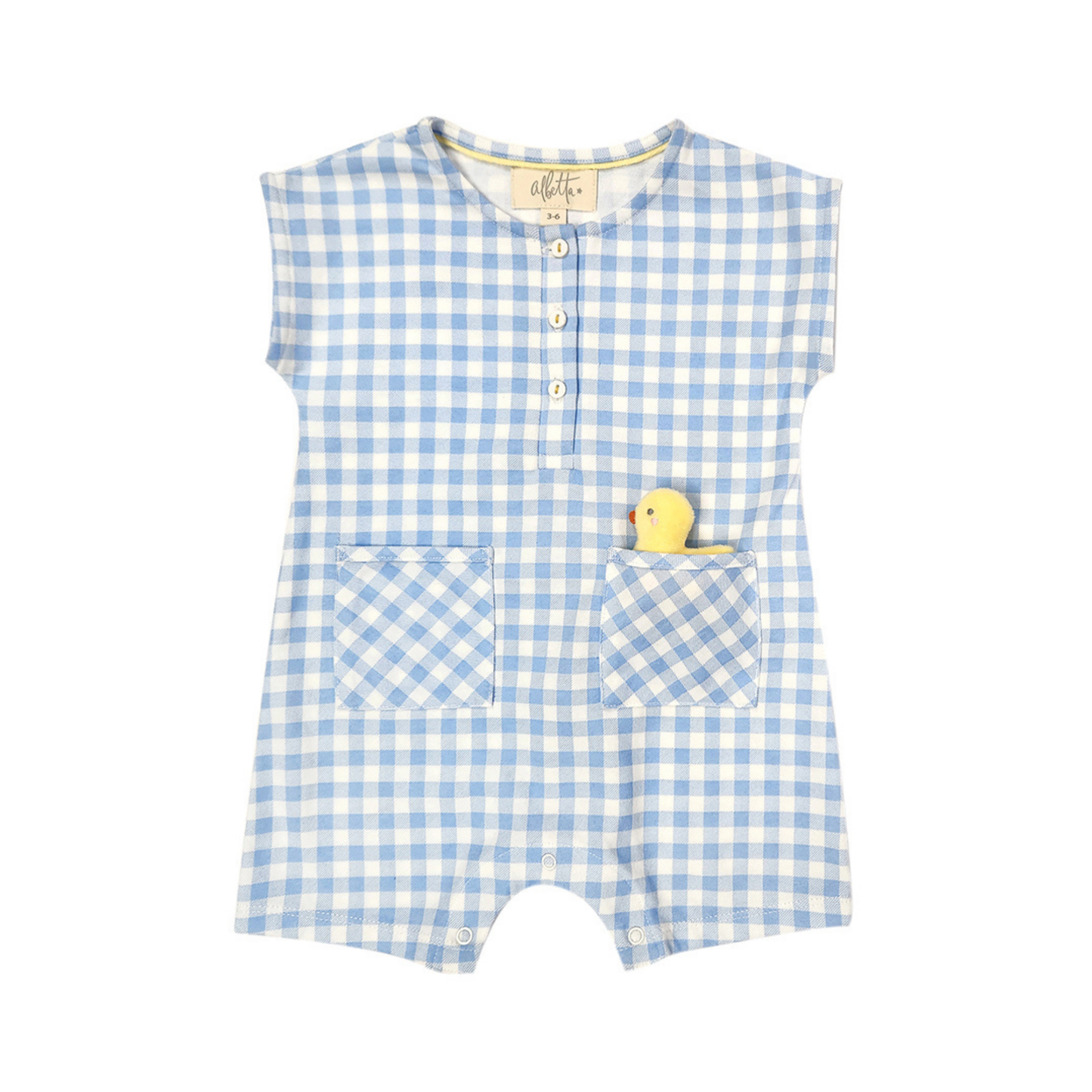 Blue Gingham Romper with Chick Toy