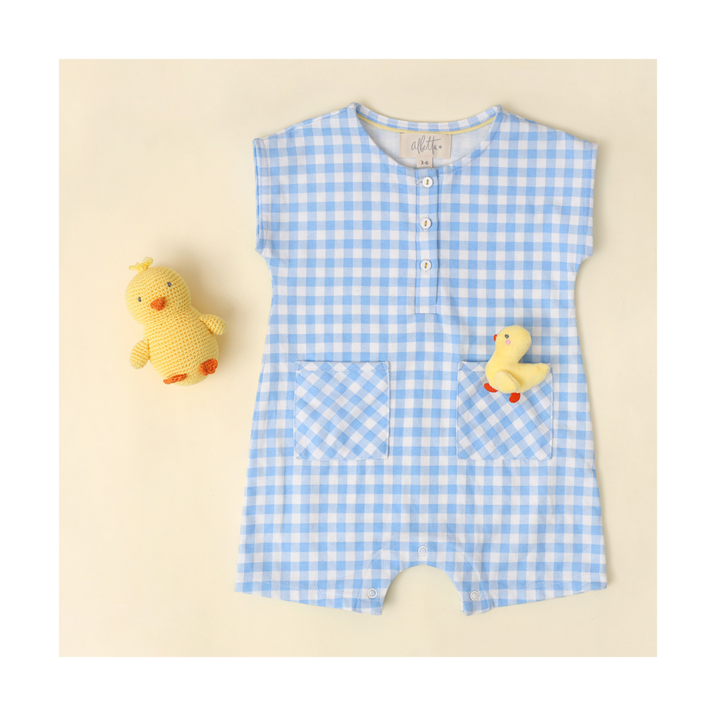 Blue Gingham Romper with Chick Toy