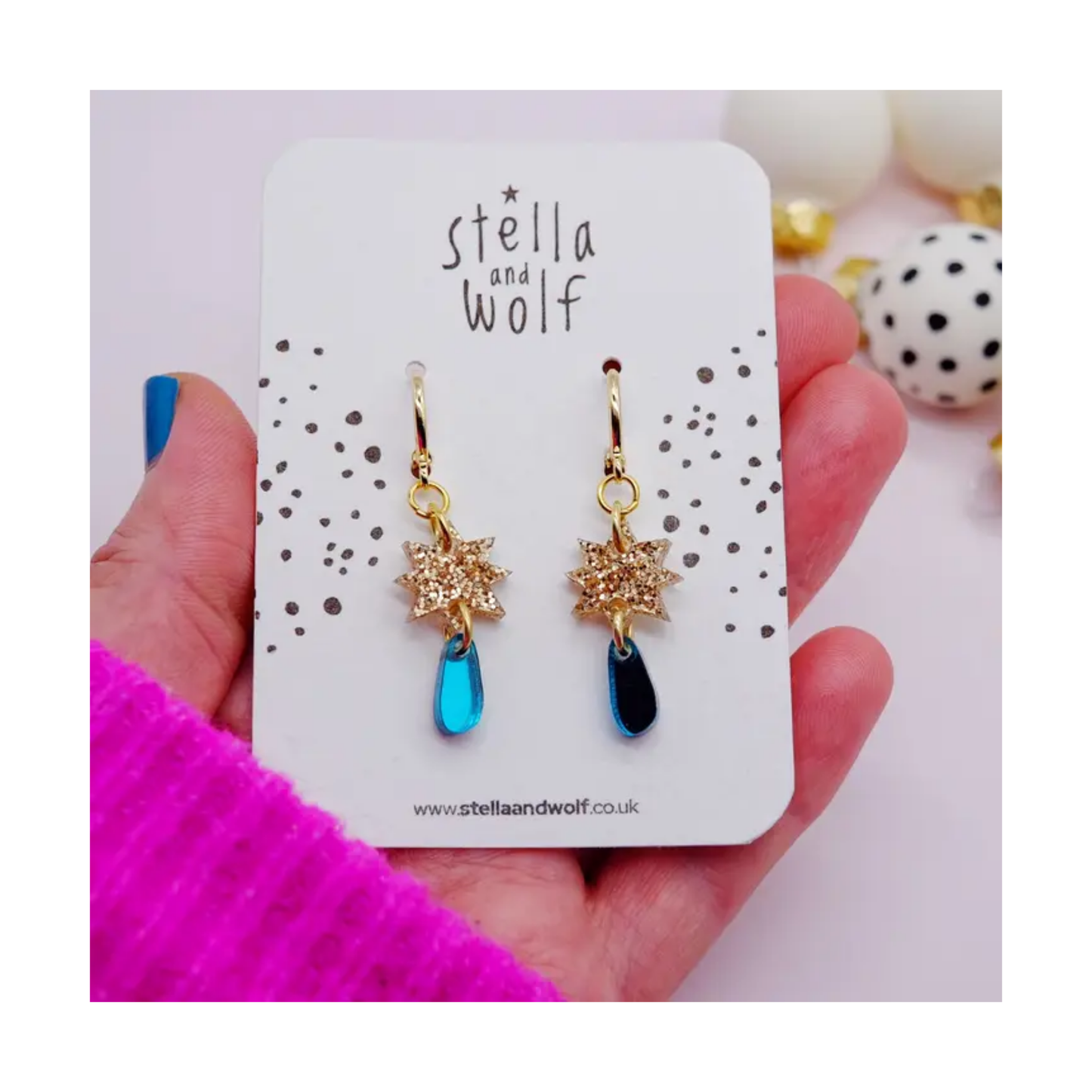 Gold and Teal Glitter Star Drop Earrings