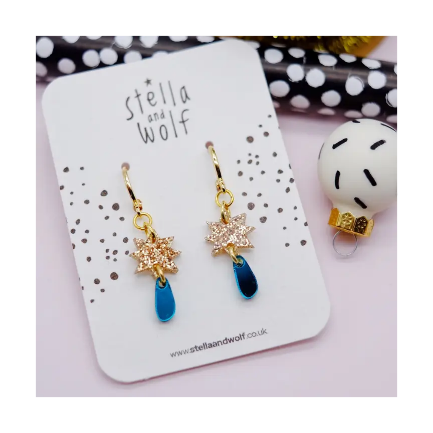 Gold and Teal Glitter Star Drop Earrings