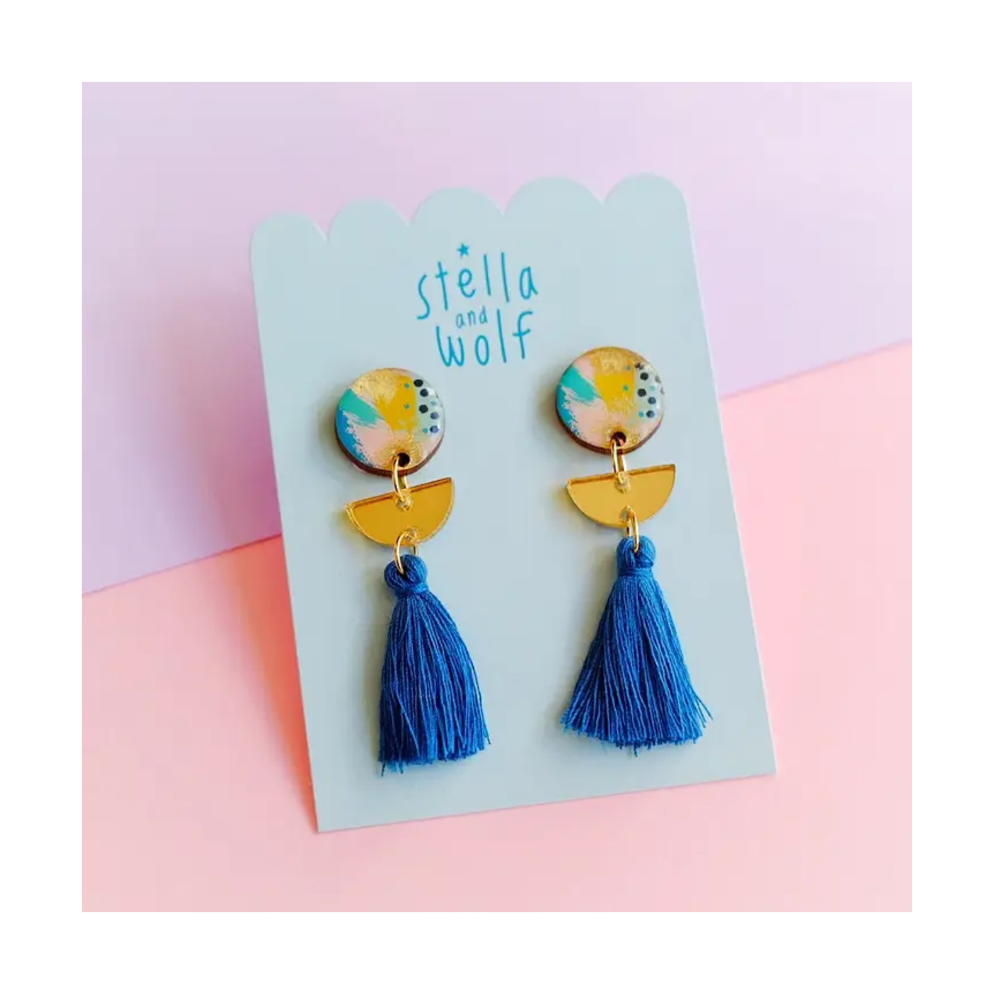 Colourful Abstract Earrings with Peacock Blue Tassels