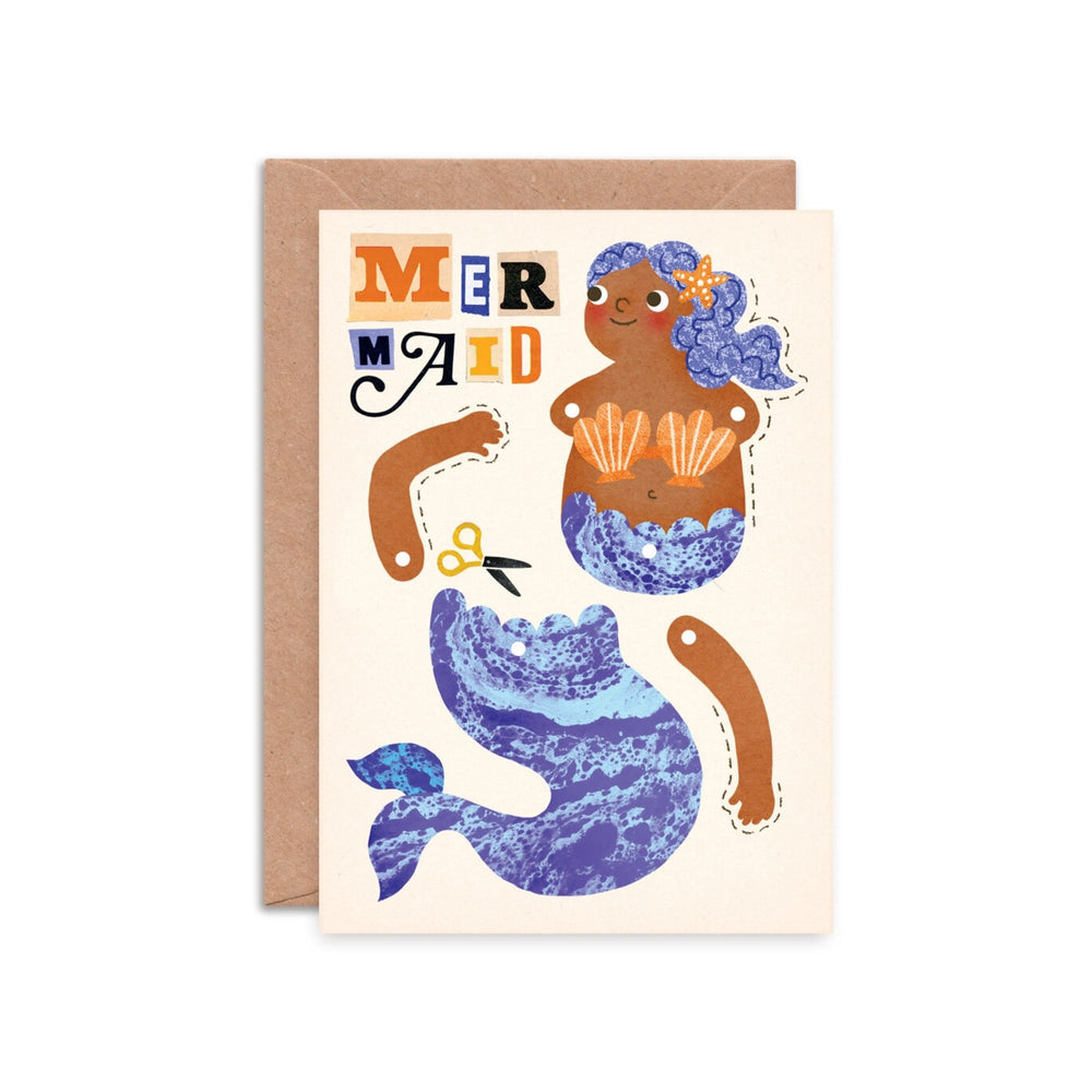 Illustrated mermaid greeting card which can be cut out to make a split pin puppet!