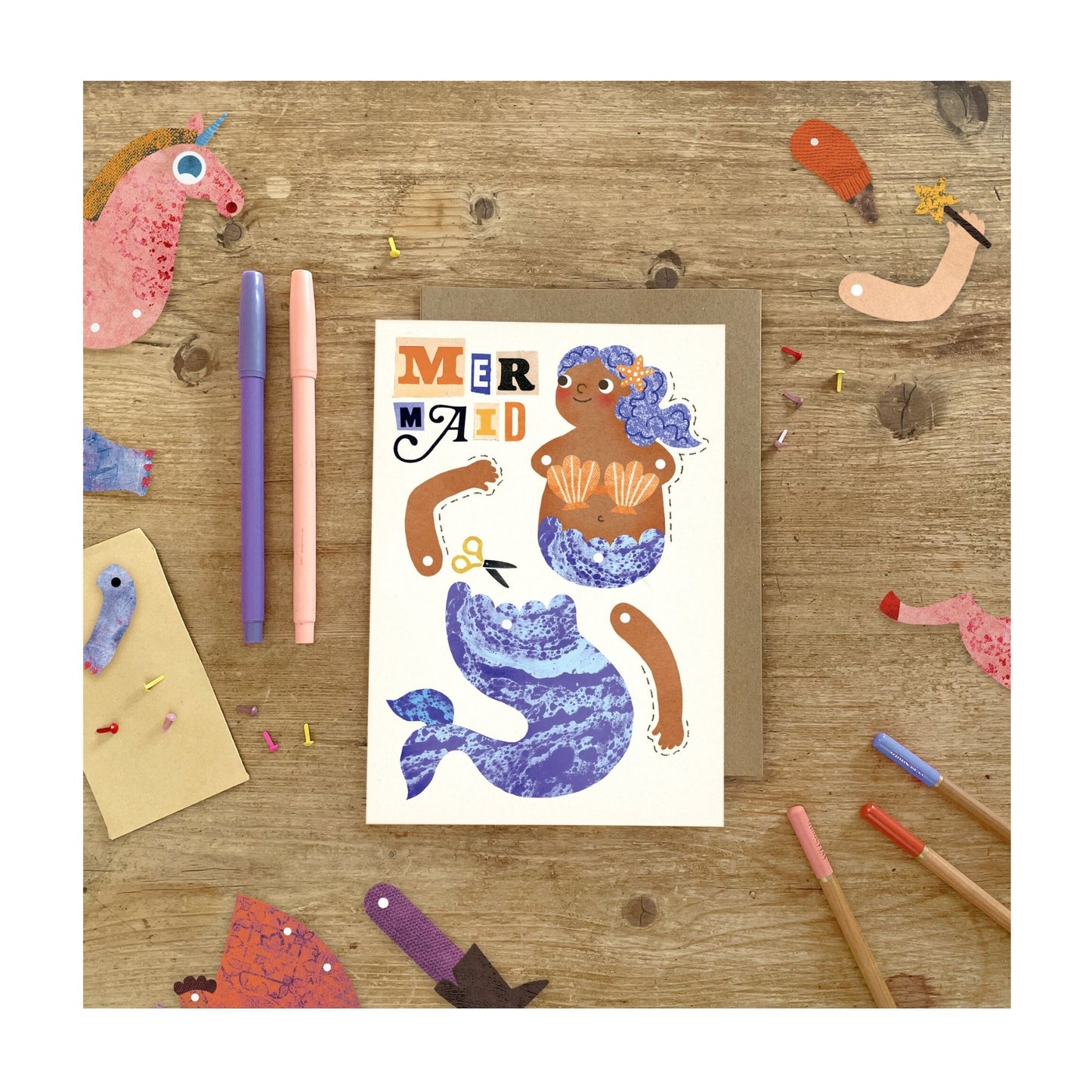 Illustrated mermaid greeting card which can be cut out to make a split pin puppet!