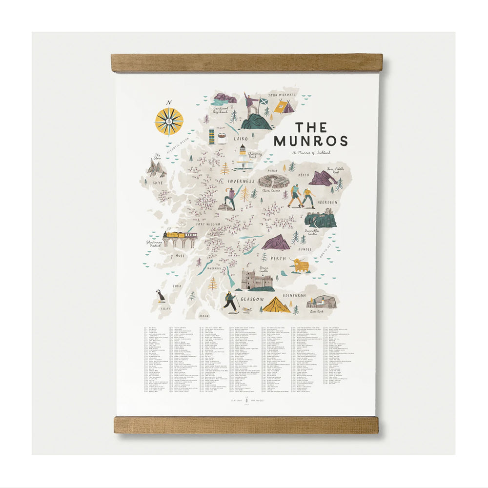 The Munros A2 Map Checklist Print with Wooden Hanging Frame