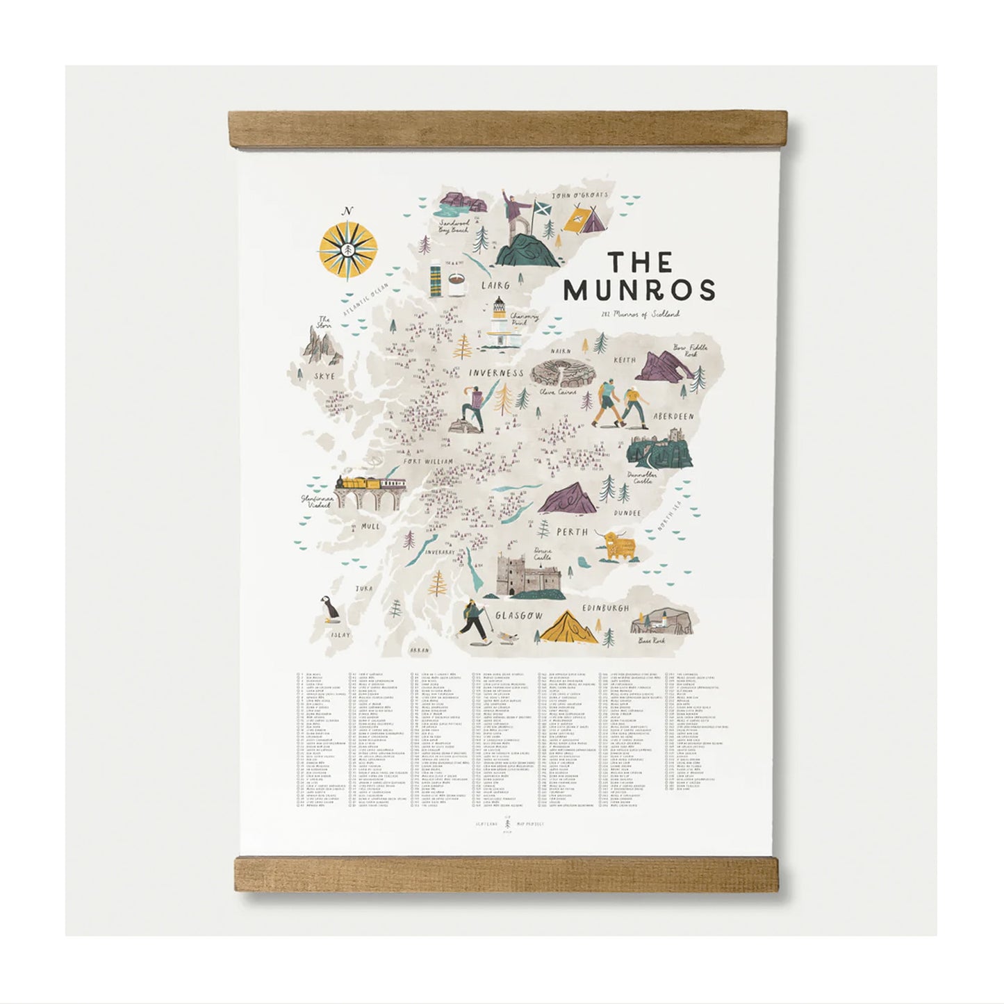 The Munros A2 Map Checklist Print with Wooden Hanging Frame