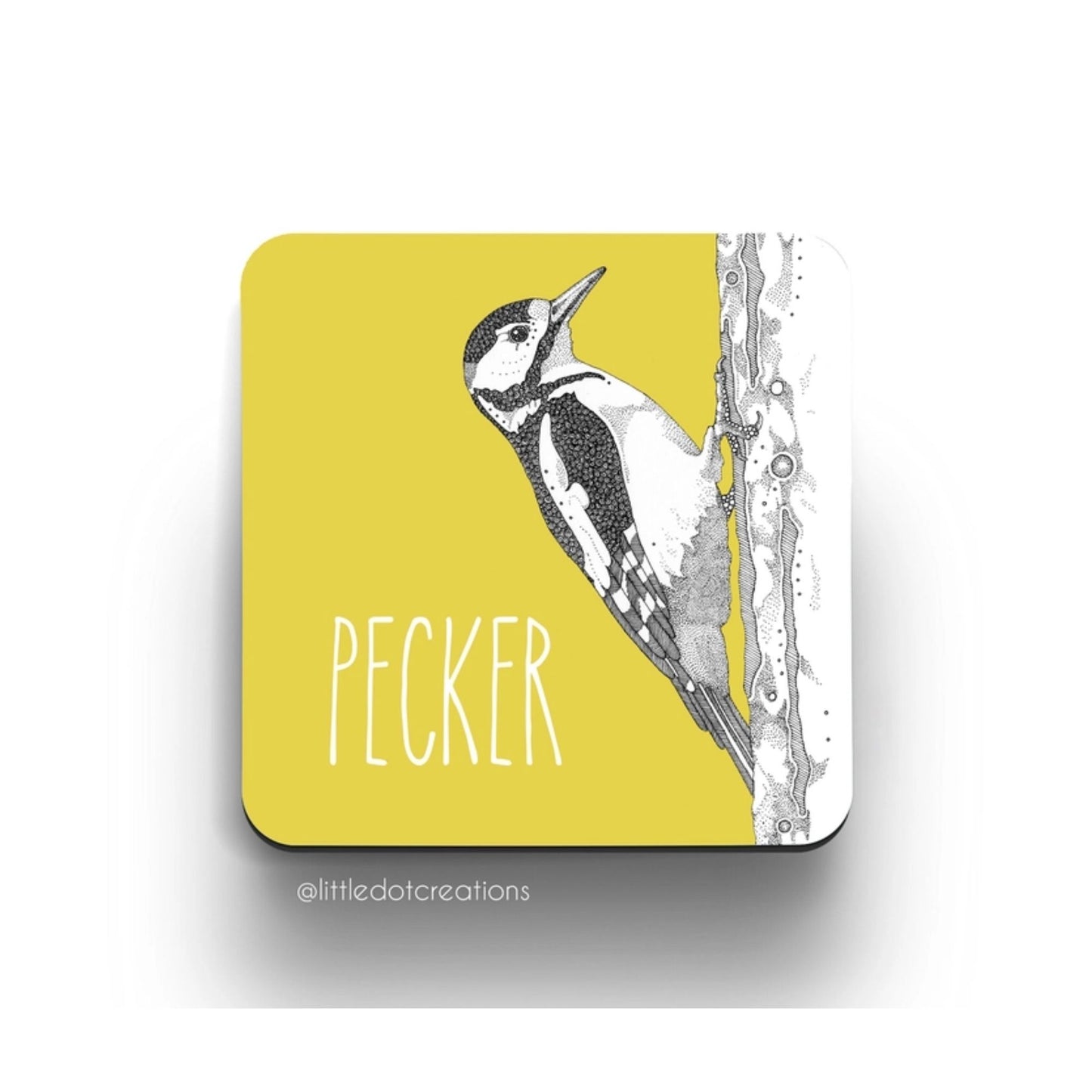 A colourful, pun-tastic coaster from Little Dot Creations featuring a woodpecker and text that reads 'Pecker'