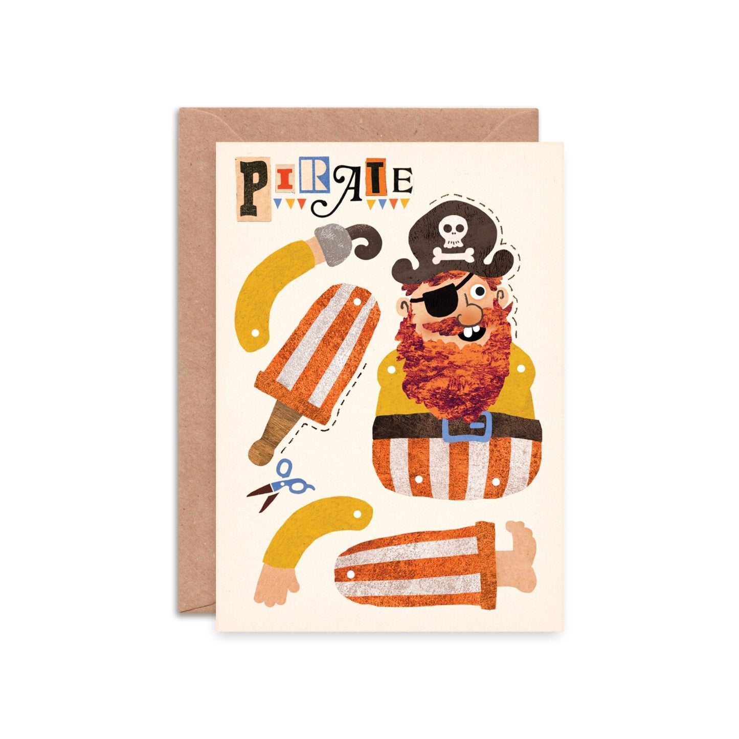 Illustrated pirate greeting card which can be cut out to make a split pin puppet!