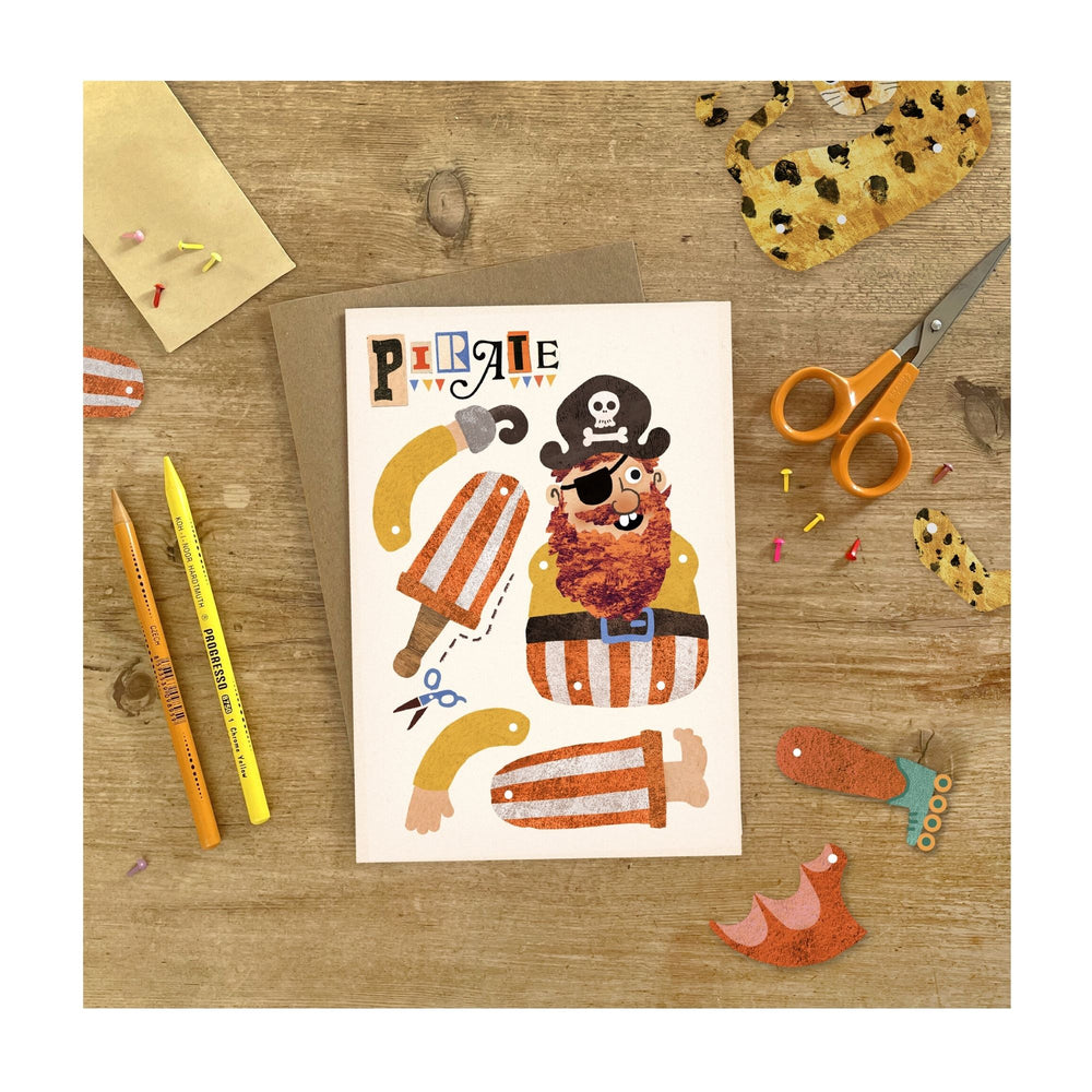 Illustrated pirate greeting card which can be cut out to make a split pin puppet!