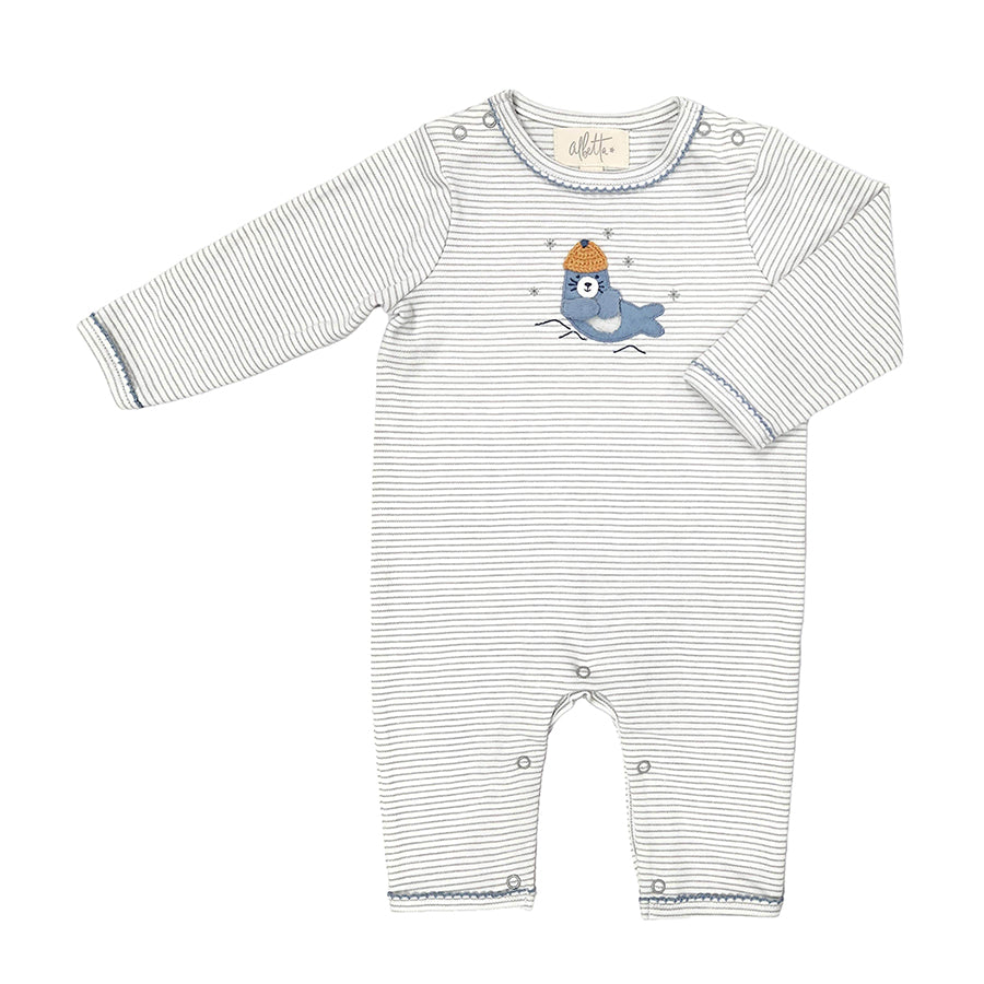 
                  
                    An adorable stripy babygro with Sebby Seal appliqué by Albetta.
                  
                