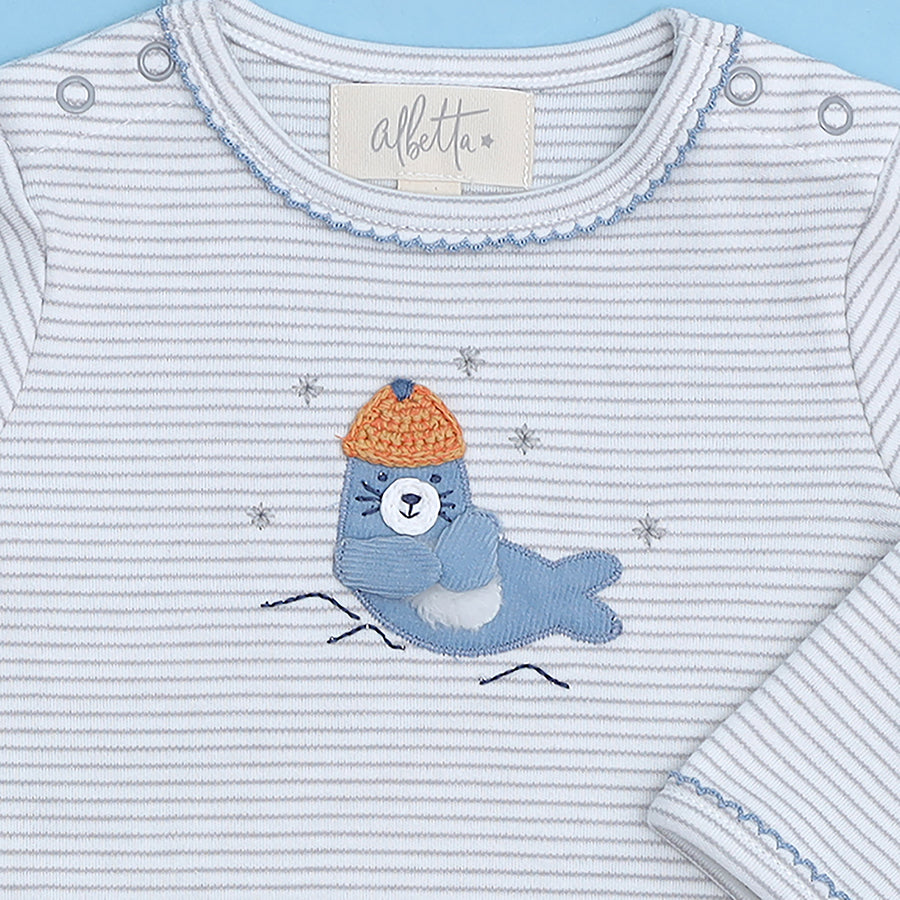 
                  
                    An adorable stripy babygro with Sebby Seal appliqué by Albetta.
                  
                