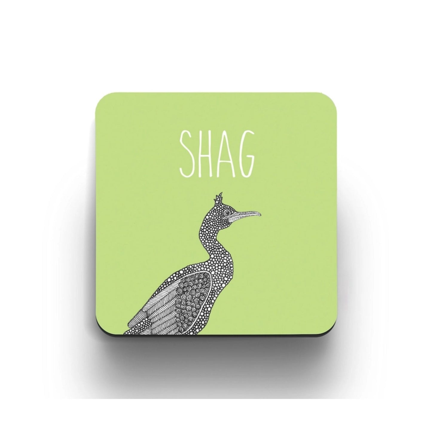 A colourful, pun-tastic coaster from Little Dot Creations featuring  a European Shag and text that reads 'Shag'.