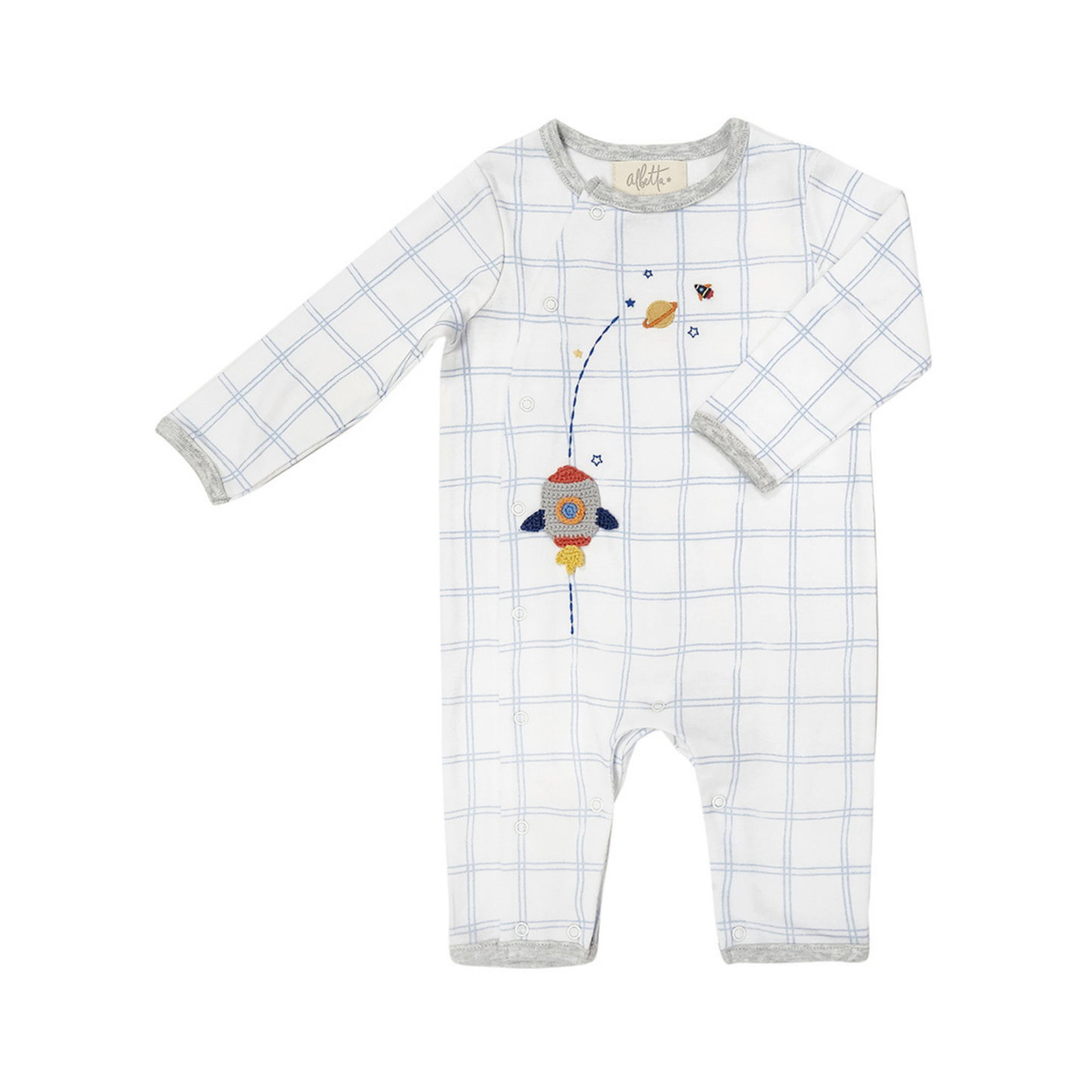 A babygro from Albetta Creations featuring applique crochet Rocket and space icons on a white and blue check background.