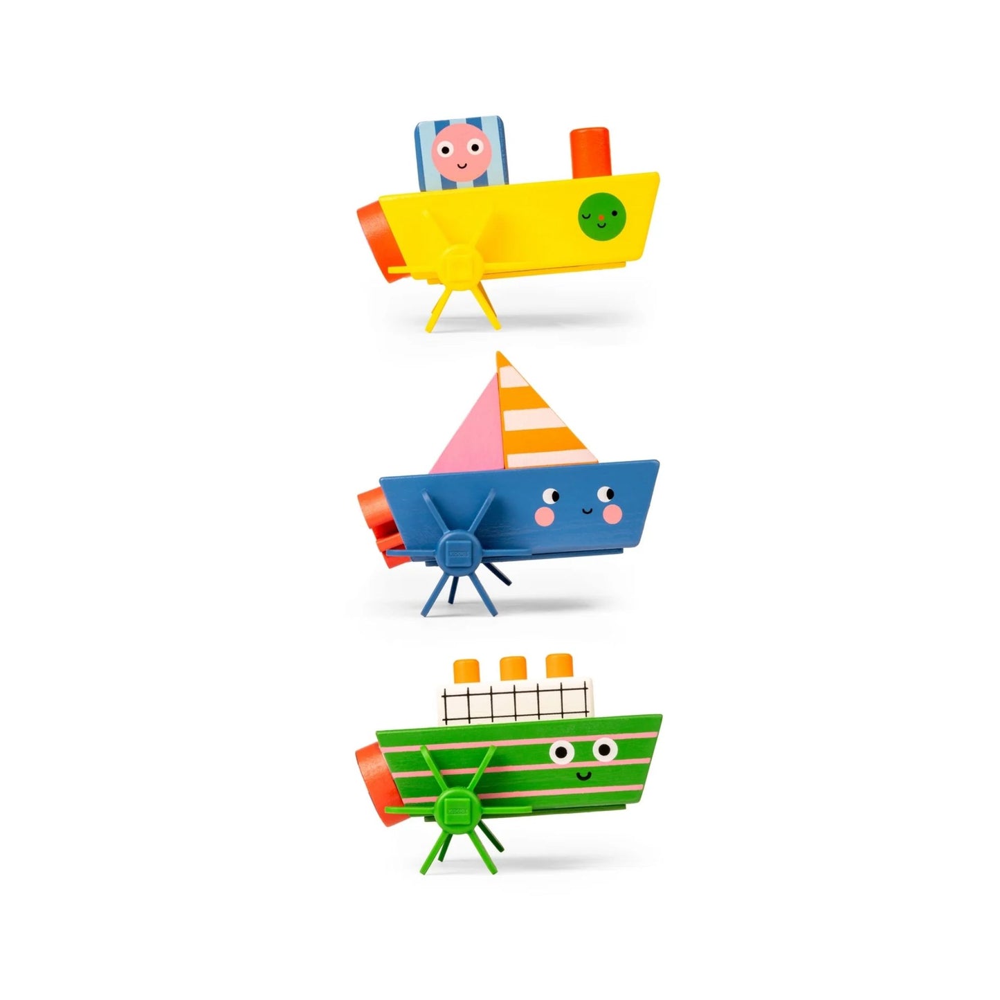 Colourful wooden wind-up boats from Kikkerland. Set sail on bathtime adventures with interactive, pull string bath boats! Wooden boat zips through water as the propellers turn. Available in 3 friendly boat styles.&nbsp;