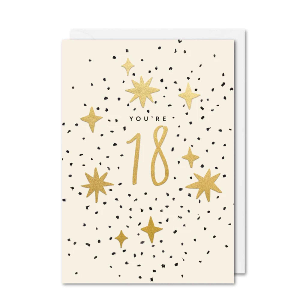 You're 18 card with gold stars and black confetti