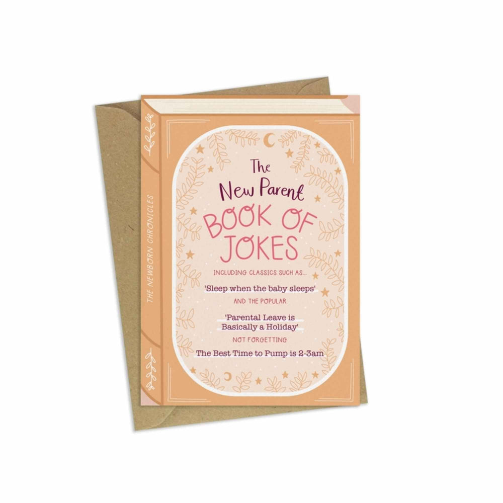 A greeting card in the style of a book with the title 'The New Parent Book of Jokes' - The perfect card for a new parent.