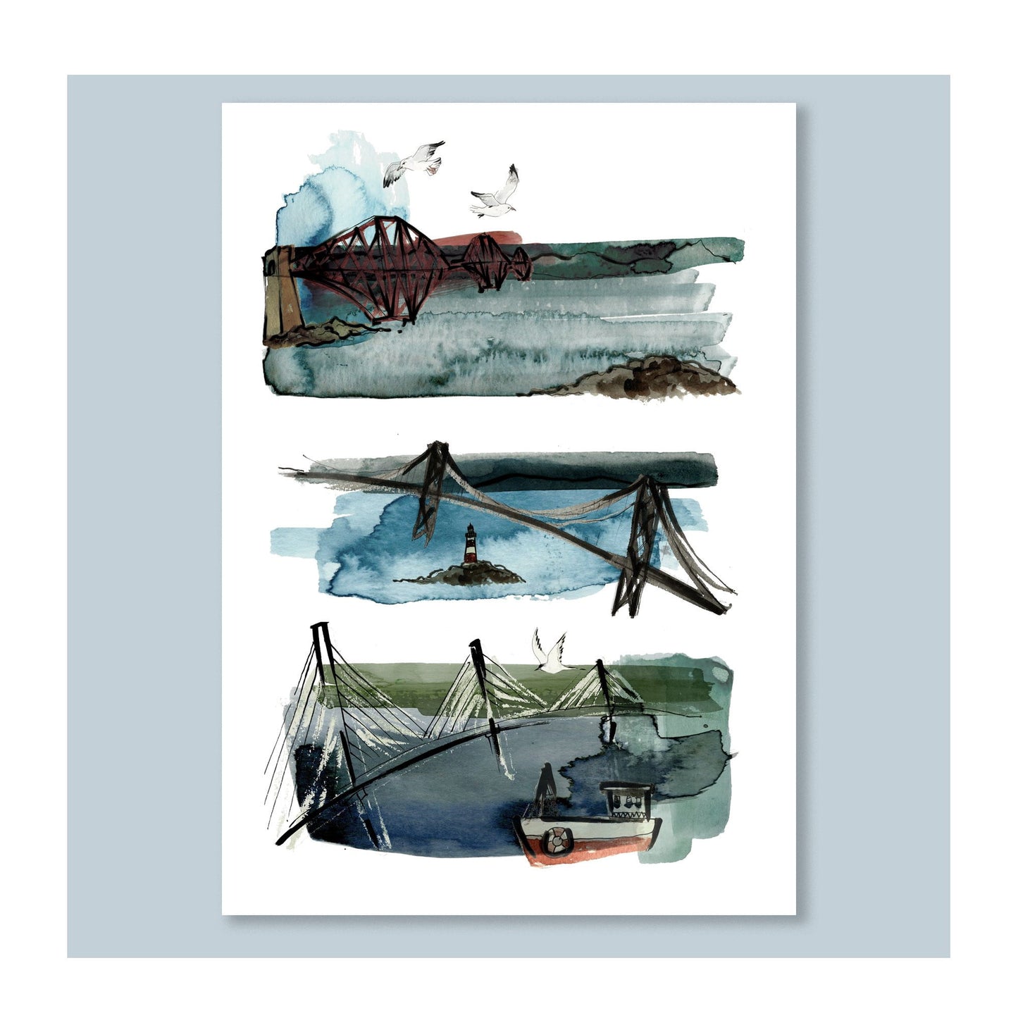 A fine art giclee print of an original illustration by Tori Gray featuring the 3 Bridges on the Forth.