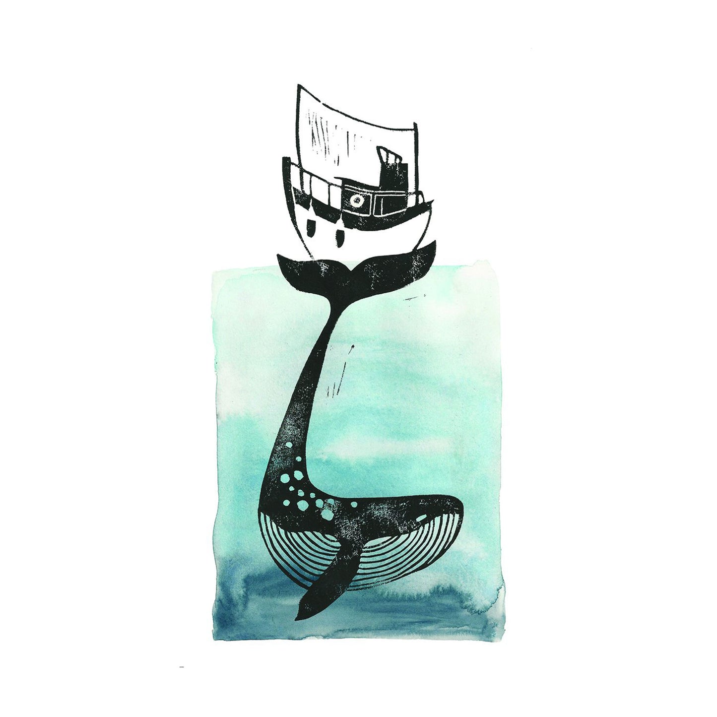 A fine art giclee print of an original lino print and watercolour illustration of a whale by Tori Gray.