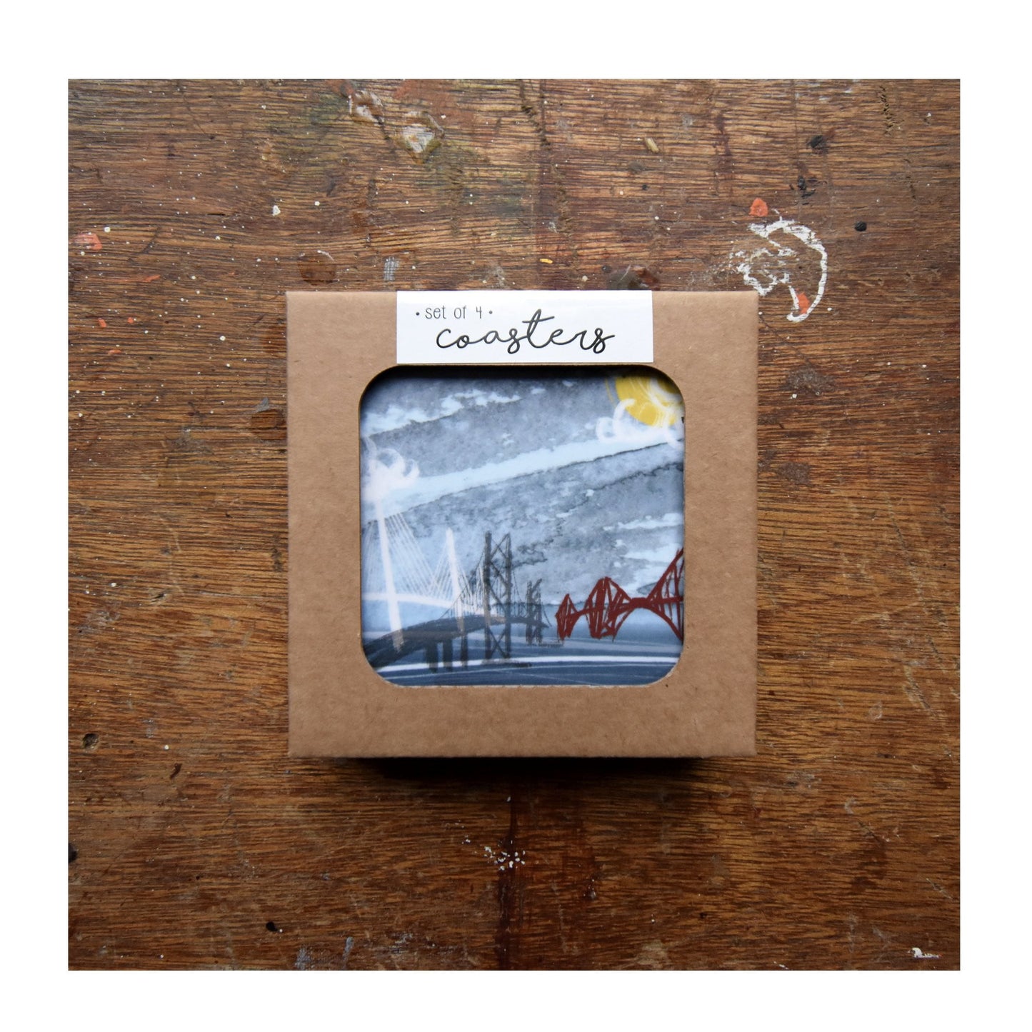 Set of 4 cork backed, melamine coasters featuring 4 different illustrations of the 3 Forth Bridges by Tori Gray. 